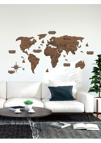 2d Ahşap Dünya Haritası Puzzle Şekli, 150X75CM, Ceviz Renkli, Dekoratif ve Eğlenceli fiyatları