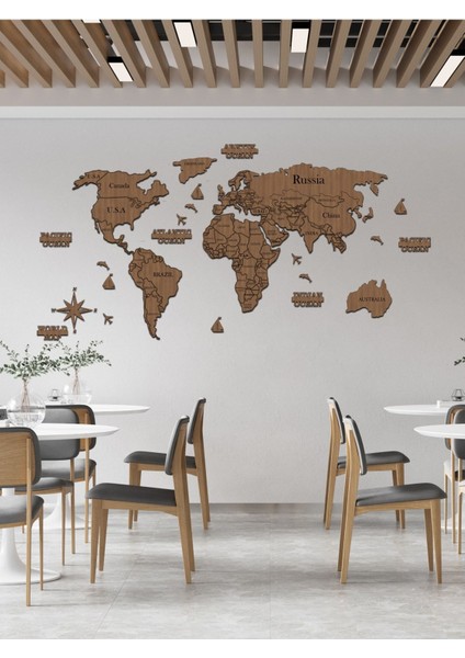 2d Ahşap Dünya Haritası Puzzle Şekli, 150X75CM, Ceviz Renkli, Dekoratif ve Eğlenceli modelleri