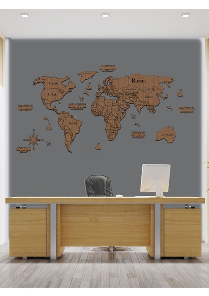 2d Ahşap Dünya Haritası Puzzle Şekli, 150X75CM, Ceviz Renkli, Dekoratif ve Eğlenceli fırsatları