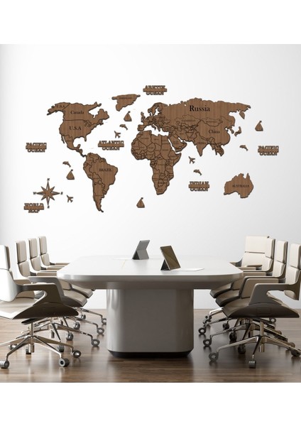 2d Ahşap Dünya Haritası Puzzle Şekli, 150X75CM, Ceviz Renkli, Dekoratif ve Eğlenceli