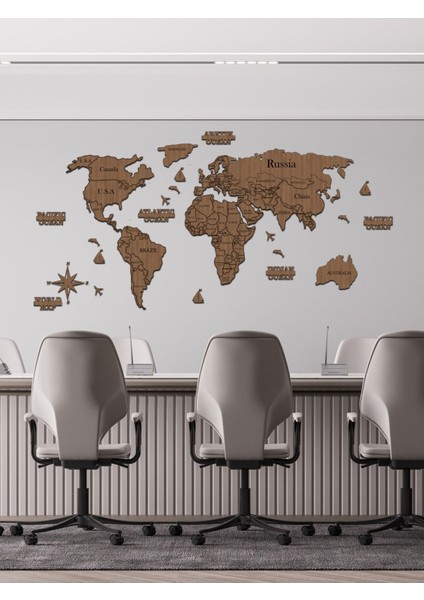 2d Ahşap Dünya Haritası Puzzle Şekli, 150X75CM, Ceviz Renkli, Dekoratif ve Eğlenceli