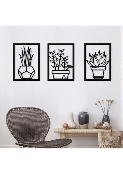 Siyah Ahşap 3'lü Saksı Çiçekler Duvar Dekoru 40x80 Cm Set
