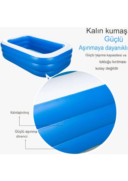 Büyük Boy Dikdörtgen Şişme Yüzme Havuzu 190X135X45CM, Açık ve Kapalı Kullanım
