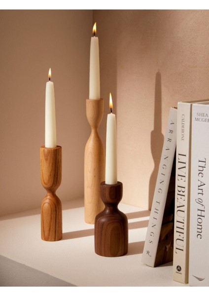 3'lü Renkli Doğal Ahşap Şamdan Seti, 11-14-18CM, Modern Dekorasyon Için Mükemmel