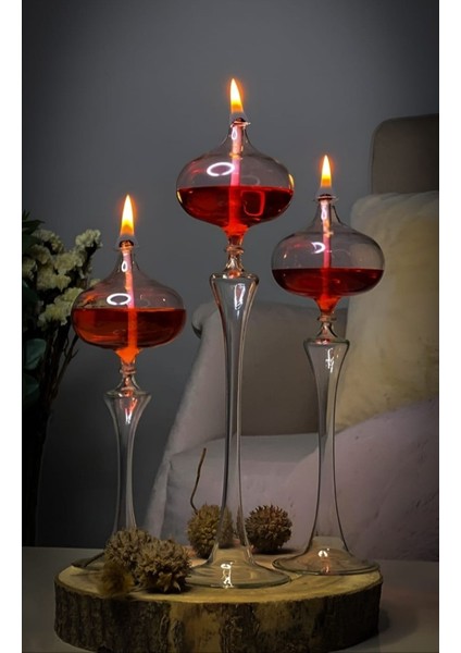 Kırmızı Elips Cam Kandil Seti, Şamdan, 3'lü, Şık ve Şeffaf Tasarım