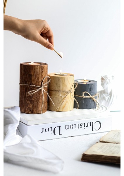 Fiyonklu 3'lü Ahşap Dekoratif Mumluk Seti, 3 Renkli, Ipli, Şık ve Çekici Tasarım