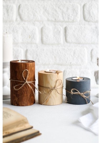 Fiyonklu 3'lü Ahşap Dekoratif Mumluk Seti, 3 Renkli, Ipli, Şık ve Çekici Tasarım fiyatları