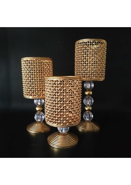 3'lü Salon Şamdan Mumluk Seti, Altın Renkli, Zarif ve Şık Dekoratif Aksesuar