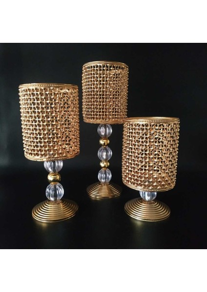 3'lü Salon Şamdan Mumluk Seti, Altın Renkli, Zarif ve Şık Dekoratif Aksesuar fiyatları