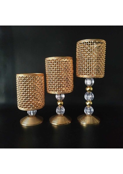 3'lü Salon Şamdan Mumluk Seti, Altın Renkli, Zarif ve Şık Dekoratif Aksesuar modelleri