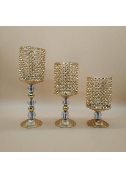 3'lü Salon Şamdan Mumluk Seti, Altın Renkli, Zarif ve Şık Dekoratif Aksesuar fırsatları