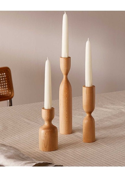 3'lü Ahşap Şamdan Seti, Vernikli, Modern, Şık, Dekoratif Mumluk, Masa Süsü