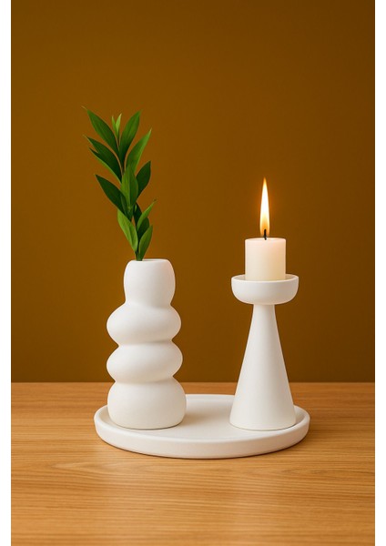 Beyaz Taş Vazo, Mumluk ve Tepsi Seti, Modern El Yapımı Ev Aksesuarları