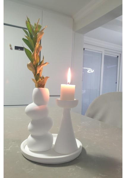 Beyaz Taş Vazo, Mumluk ve Tepsi Seti, Modern El Yapımı Ev Aksesuarları fırsatları