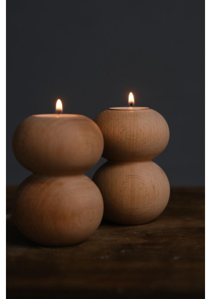 Bej Ahşap Mumluk 2'li Set, Şık ve Doğal Dekorasyon Unsuru