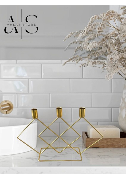 3'lü Kare Gold Mumluk Seti, Asimetrik Dekoratif Mumluk, Paslanmaz Kaplama fiyatları