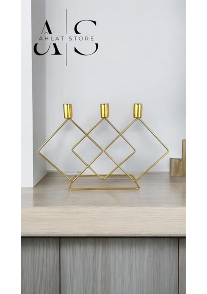 3'lü Kare Gold Mumluk Seti, Asimetrik Dekoratif Mumluk, Paslanmaz Kaplama modelleri