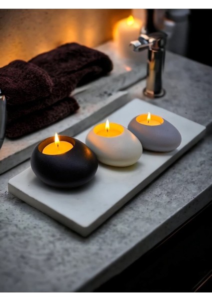 Minimal Beton Tealight Mumluk Seti, Siyah-Beyaz-Gri, Şık ve Modern Dekorasyon.