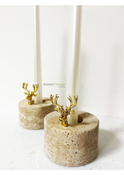 Doğal Mermer Mumluk, Traverten Şamdan, Gold Geyik Objeli, Şık ve Zarif Dekor Parçası fiyatları