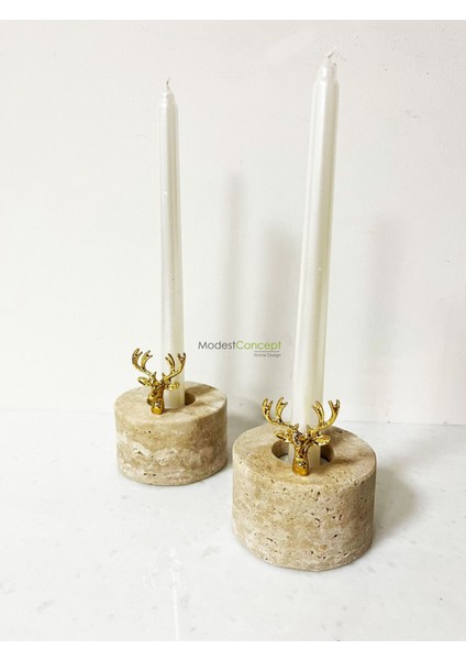 Doğal Mermer Mumluk, Traverten Şamdan, Gold Geyik Objeli, Şık ve Zarif Dekor Parçası modelleri
