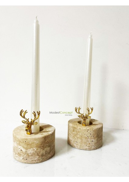 Doğal Mermer Mumluk, Traverten Şamdan, Gold Geyik Objeli, Şık ve Zarif Dekor Parçası indirimleri