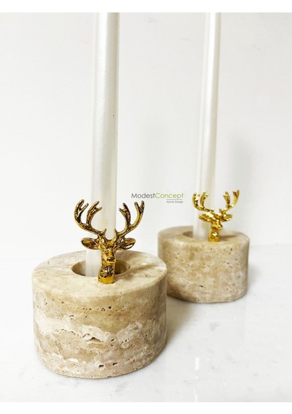 Doğal Mermer Mumluk, Traverten Şamdan, Gold Geyik Objeli, Şık ve Zarif Dekor Parçası