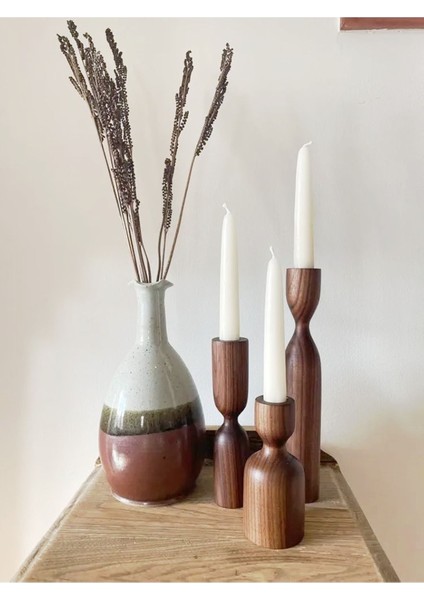 Doğal Ahşap 3'lü Şamdan Seti, 18-14-10 Cm, Rustik ve Modern Tarz modelleri