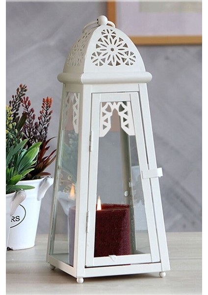 Büyük Blok Mum Feneri, Şamdan, Metal, 31CM, Beyaz, Dekorasyon Parçası fiyatları