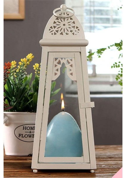 Büyük Blok Mum Feneri, Şamdan, Metal, 31CM, Beyaz, Dekorasyon Parçası modelleri