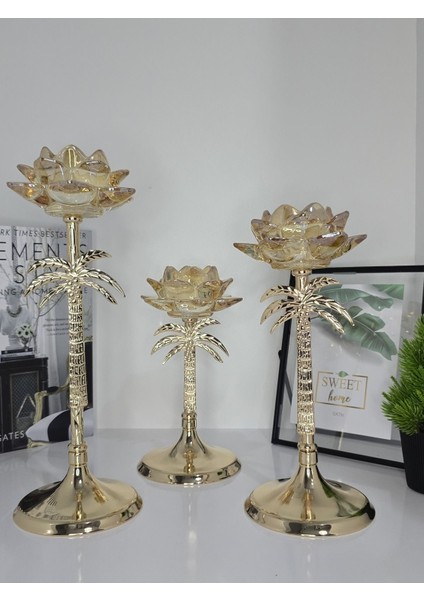3'lü Palmiye Gold Şamdan, Şık ve Zarif Dekoratif Aksesuar.