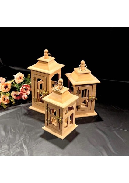 El Işi Ahşap Şamdan Mumluk 3'lü Set, Ham Renk, Boyama Için Uygun