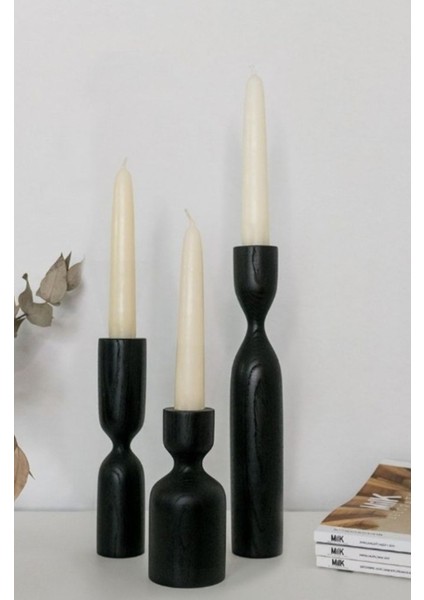 Şık Siyah Ahşap 3'lü Mumluk Seti, Modern ve Dekoratif Tasarım
