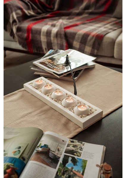 Beyaz Tabaklı Beton Mumluk Seti, 5'li, Şık ve Modern Tasarım