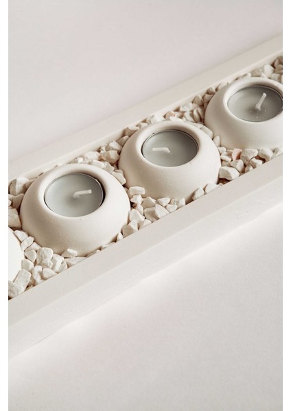 Beyaz Tabaklı Beton Mumluk Seti, 5'li, Şık ve Modern Tasarım