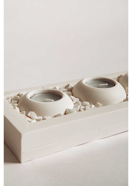 Beyaz Tabaklı Beton Mumluk Seti, 5'li, Şık ve Modern Tasarım