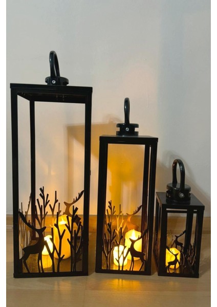 Şık 3'lü Metal Mumluk Takımı, Siyah Dekoratif Fener Seti