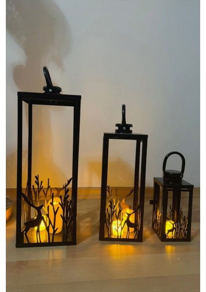 Şık 3'lü Metal Mumluk Takımı, Siyah Dekoratif Fener Seti fiyatları