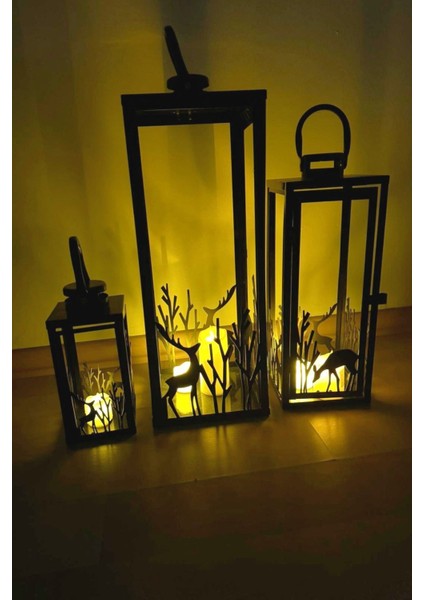 Şık 3'lü Metal Mumluk Takımı, Siyah Dekoratif Fener Seti modelleri