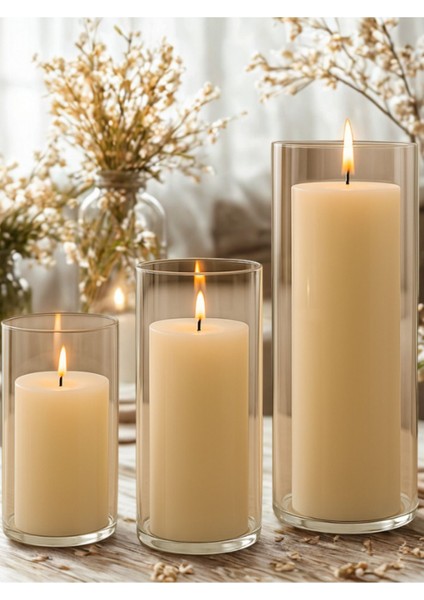 Şeffaf 3'lü Silindir Mumluk Seti, Yüzen Mum ve Hediye Seçeneği modelleri