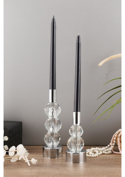 2'li Gümüş Renk Şeffaf Kristal Görünümlü Metal Mumluk Seti