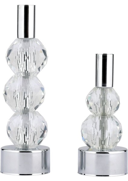 2'li Gümüş Renk Şeffaf Kristal Görünümlü Metal Mumluk Seti