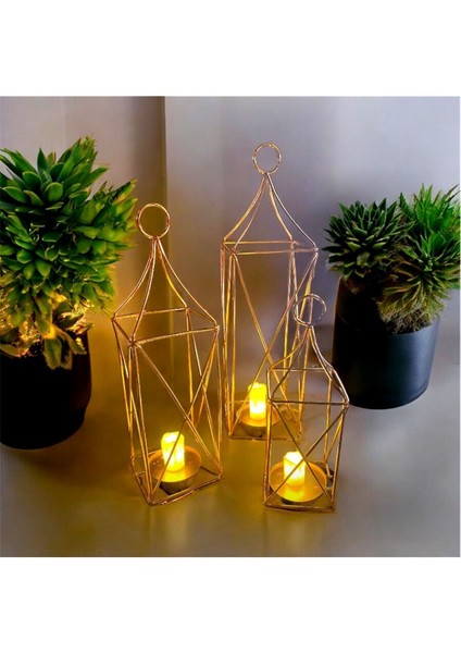 Üçlü Altın Dekoratif Kafes Mumluk Takımı, Şık ve Şampiyona Dokusuyla Evinize Zarafet