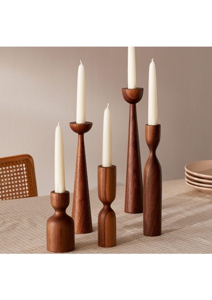 Koyu Ceviz Ahşap 5'li Şamdan Seti, Modern Dekoratif Mumluk, 11-25CM