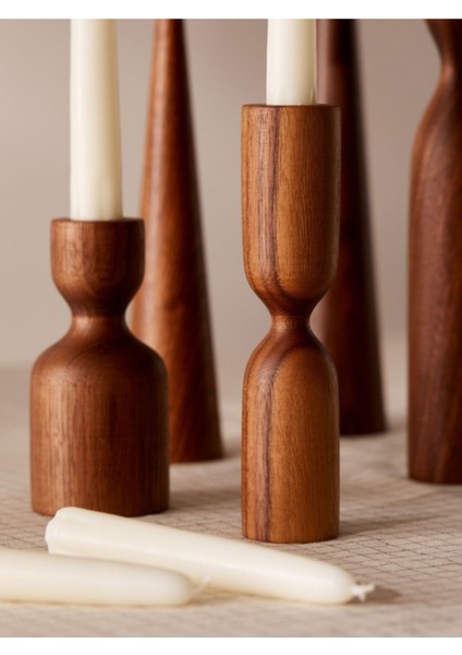 Koyu Ceviz Ahşap 5'li Şamdan Seti, Modern Dekoratif Mumluk, 11-25CM fiyatları