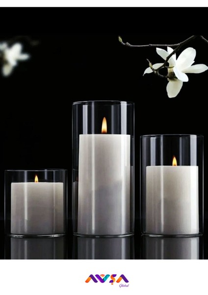 Şık 3'lü Cam Vazo ve Silindir Seti, Yüzen Mum Hediyeli, Söz ve Nişan Için