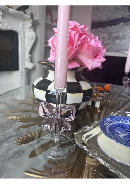 El Yapımı Pembe Şeffaf Cam Fiyonk Şamdan, Şık Dekoratif Aksesuar