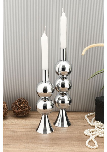 2'li Metal Şamdan Seti Gümüş Renk Dekoratif Mumluklar