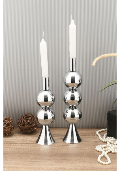 2'li Metal Şamdan Seti Gümüş Renk Dekoratif Mumluklar modelleri