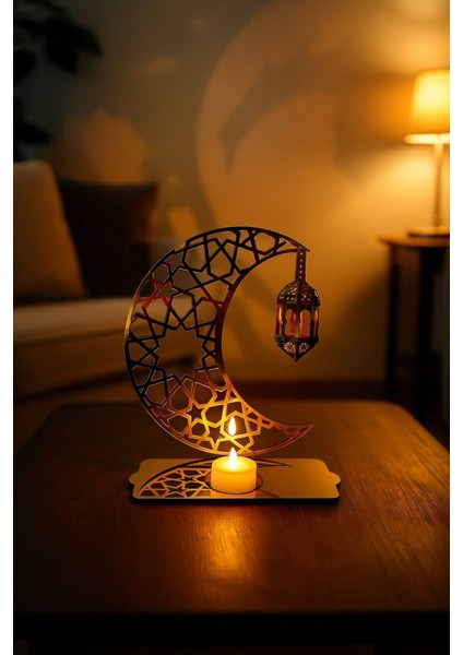 Işıklı Aynalı Dekoratif Mumluk, Gold ve Siyah, Ramazan Süsü Temalı