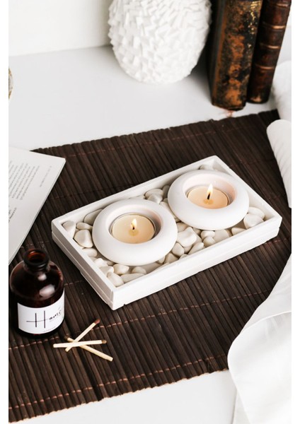 El Yapımı Taşlı 2'li Beton Mumluk Seti, Beyaz, Mumlar Dahildir